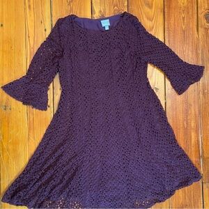 Rabbit Designs Dress Womens Size 16 Eggplant Crochet Pattern A Line 3/4 Sleeve